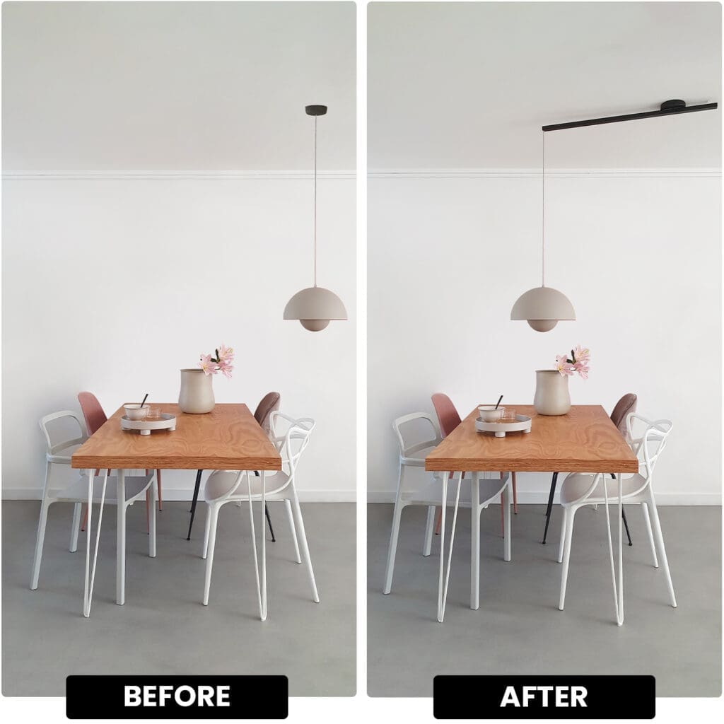 Foto dividida con un antes y un después de la mesa de comedor con una luz colgante por encima de ella antes y luego dos luces colgantes a causa de la lightswing después.