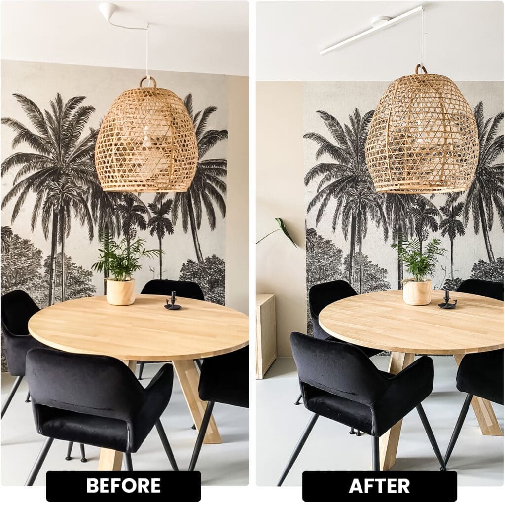 Foto dividida con un antes y un después de la mesa de comedor con una luz colgante por encima de ella antes y luego dos luces colgantes a causa de la lightswing después.