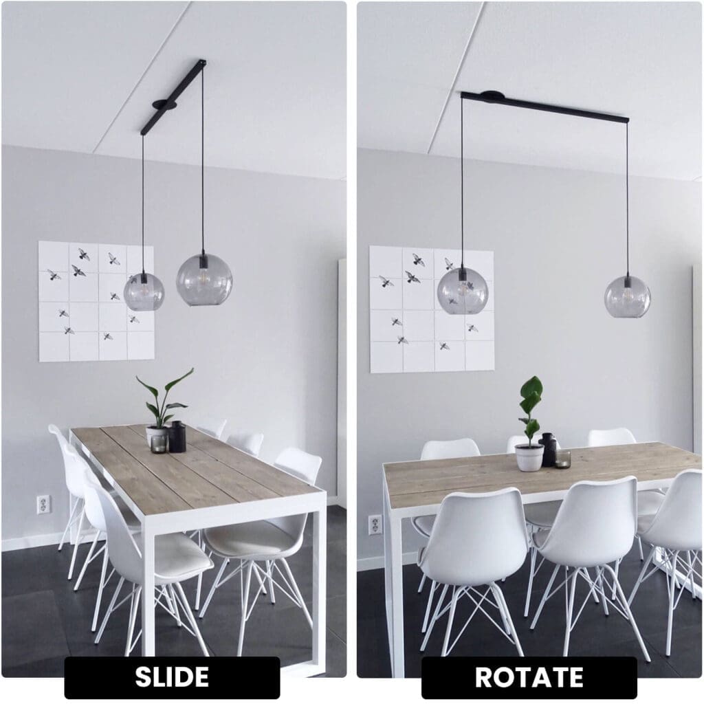 Foto dividida con un antes y un después de la mesa de comedor con una luz colgante por encima de ella antes y luego dos luces colgantes a causa de la lightswing después.