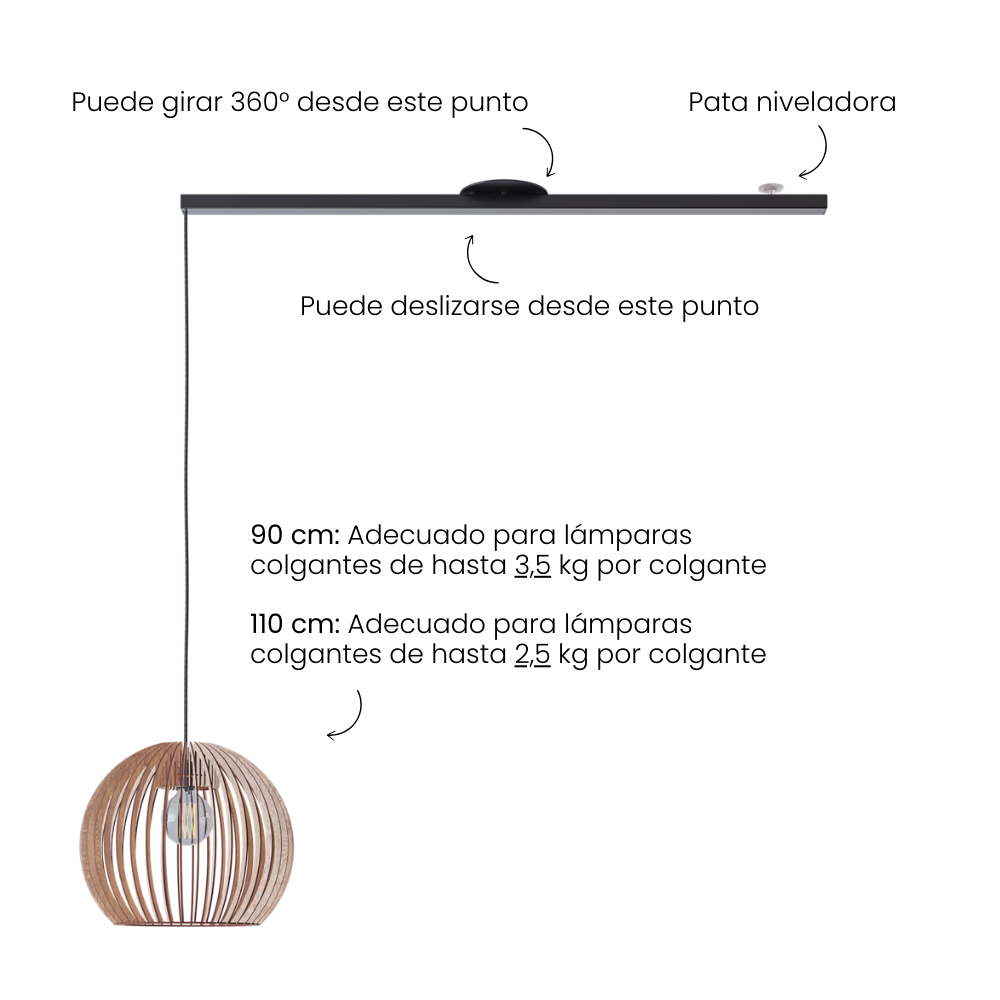 Lightswing imagen del producto con texto; - puede girar 360 grados - pata niveladora - puede deslizarse desde el centro - 90cm: apto para lámparas colgantes de hasta 3,5 kg - 110cm: apto para lámparas colgantes de hasta 2,5 kg