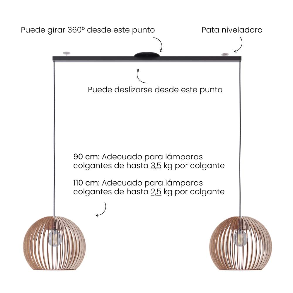 Lightswing imagen del producto con texto; - puede girar 360 grados - pata niveladora - puede deslizarse desde el centro - 90cm: apto para lámparas colgantes de hasta 3,5 kg - 110cm: apto para lámparas colgantes de hasta 2,5 kg